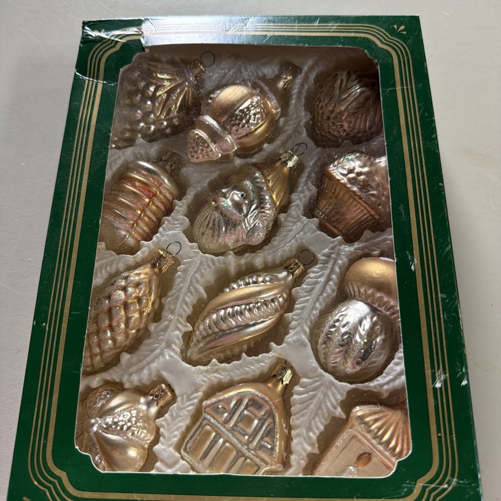Vintage Kurt Adler Gold & Silver Glitter Glass  Christmas Ornaments Set Of 12